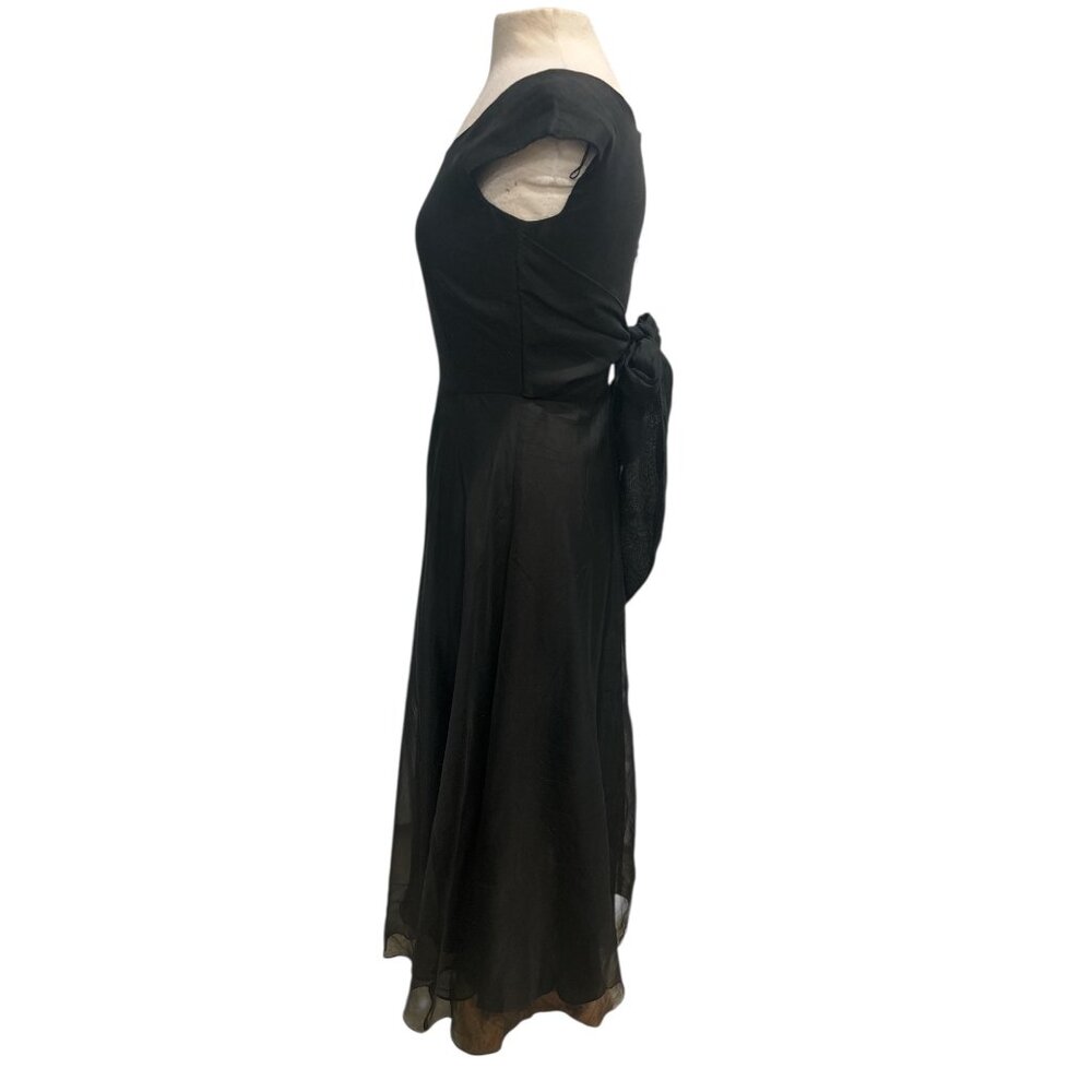 Elizabeth Wayman Black Silk Chiffon Midi Dress Tie Back USA Womens 2 - Picture 4 of 13